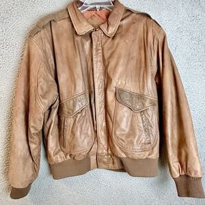 Vintage Roundtree & Yorke Size Large Brown Leather Bomber Aviator Jacket Mens
